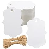 joycraft 100Pcs White Paper Tags, 2.7x2 inch Blank Paper Tags with String, Scalloped Price Labels, Blank Gift Hangtags for Gift Wrapping, Wedding, Merchandise, DIY Craft, Party Favor
