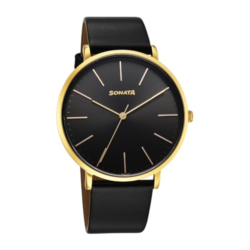 Image of Sonata Traditional Essentials Quartz Black Round Dial Men's Watch | Analog Watch | Watches for Men Analog - 77150YL02W