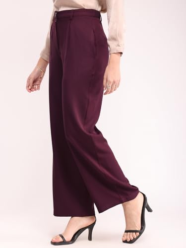 Image of FableStreet Women's Formal Trousers | High-Rise Pleated Wide-Leg Design | Solid Pattern with Plain Weave | Comfortable Office Wear for Business Meetings & Formal Events