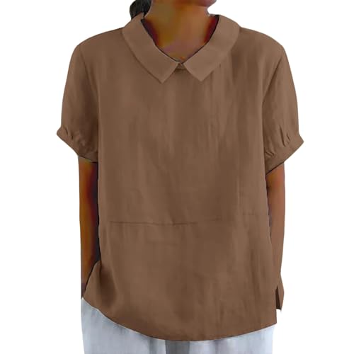 HUIFUAO Chemise à Manches Courtes en Lin pour Femme, Grande Taille, col Claudine, Chemisier léger, Tunique Basique et Respirante, Marron, XL