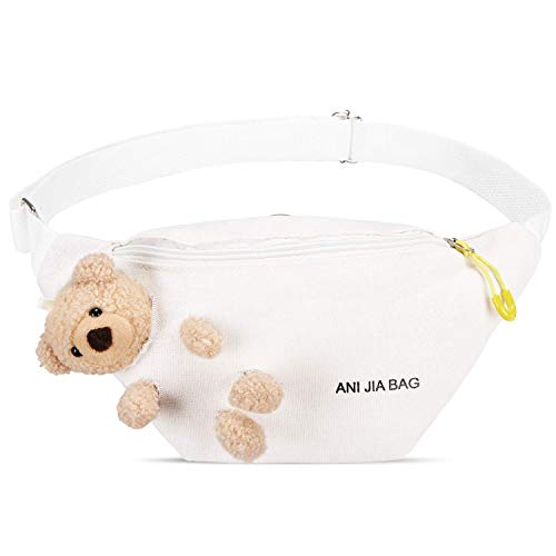 LIVACASA Riñoneras Mujeres Riñoneras Lienzo Chicas Bolsas de Cintura Lindos USB Toma Auliculares Blanco