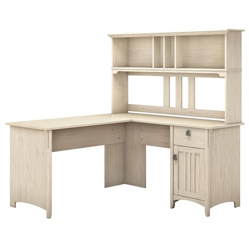 Bush Furniture Salinas L Shaped Desk with Hutch in Antique White | Corner Table with Drawers and Storage for Home Office