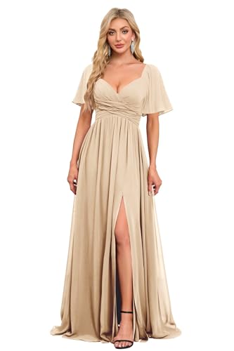 Image of Women's Flutter Sleeves Chiffon Bridesmaid Dresses with Slit Long A Line V-Neck Formal Party Dress with Pockets