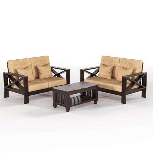 Image of KINGS HOME FURNITURE Sheesham Wooden 4 Seater Sofa for Living Room | Rosewood 4 Seater Cushion Sofa X-Legs | Solid Wood Sofa Set for Lounge (2+2,Walnut)