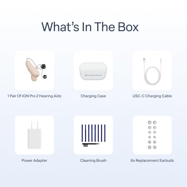 Contents of the Audien Hearing Ion Pro 2 package, including hearing aids, charging case, USB-C cable, power adapter, cleaning brush, and replacement earbuds.