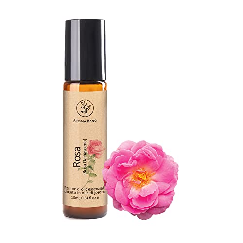 Roll On Olio Essenziale Rosa Damascena AROMA BANO Diluito In Olio Di Jojoba Pronto per l'uso 10ml -100% naturale Ideale Per Aromaterapia (Roll On Olio Essenziale Rosa Damascena)