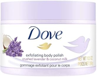 Dove Exfoliating Body Polish Scrub with Crushed Lavender & Coconut Milk for Dry Skin, Gently Exfoliates & Removes Dead Skin, Naturally Derived Ingredients, Sulfate-Free, Soothing Scent, 298 g