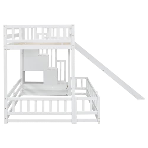 Twin Over Full Bunk Bed with Slide and Storage Staircase, Pine Solid Wood Bunk Bed with Drawers and Safety Guardrails for Kids Teens Adults, No Box Spring Required (White-62J)
