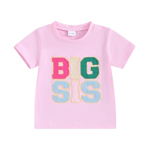 Carolilly Big Sister Little Sister Matching Colorful Letter Print Crewneck Sweatshirt T-Shirt or Bodysuit (Pink C BIG 3-4 Years)