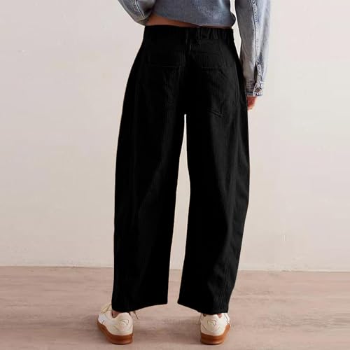 Wide Leg Corduroy Pants Women Mid Rise Cord Barrel Jeans Vintage Elastic Waist Pants Cropped Ankle Pants with Pockets4