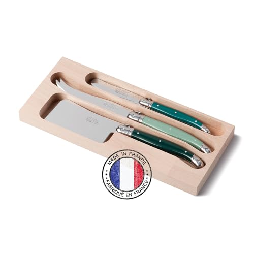 Andre Verdier Laguiole 3 Piece Cheese and Butter Knife Set in Wooden Display Tray - Forest Green