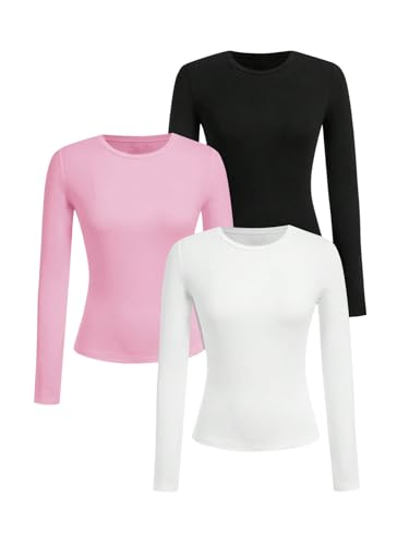 OYOANGLE Girl's Long Sleeve T Shirt 3 Pack Crew Neck Basic Fitted Tee Shirts Solid Fall Layering Tops - Main Image