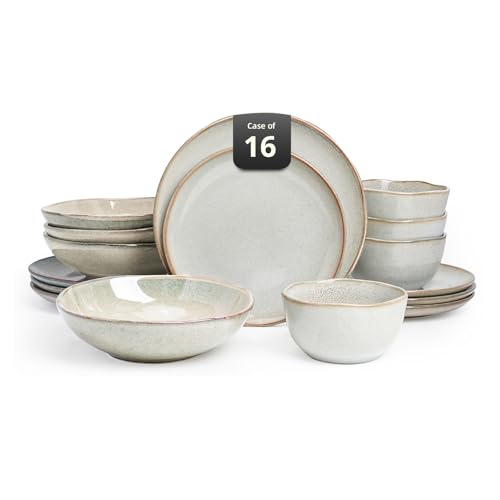 Home VSS Highland Service de table 16 pièces pour 4 personnes, double bol, assiettes et bols en grès résistant aux rayures, passe au micro-ondes et au...