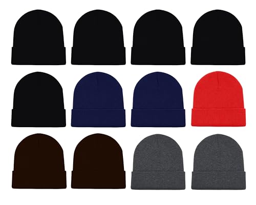 12 Pack Winter Beanie Hats for Men Women, Warm Cozy Knitted Cuffed Skull Cap, Wholesale