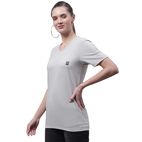 Image of Mack Jonney Women V Neck Cotton Solid Regular Fit T-Shirt-V Anthraa 001-P