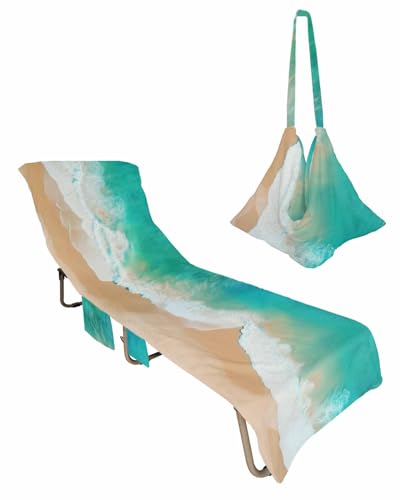 Green Seaside Beach Chair Towel Covers for Chaise Lounge With Side Pocket, Soft Plush Pool Towels Cover for Patio Sunbathing Outdoor Ocean Sea Wave Summer Tropical Holidays 29''x85''