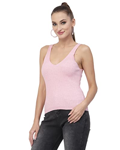 Image of Kalt Women Knitted, Ribbed Cotton Fitted Sleeveless V-Neck Cami Tank Top for Women Stylish