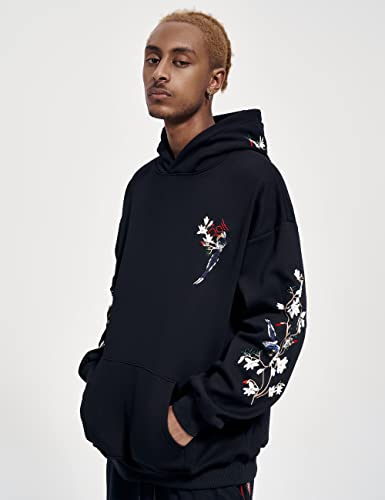 Niepce Inc Streetwear Men's Magpie Embroidered Heavyweight Graphic Hoodies (Black-Magpie, Small) #TOP3
