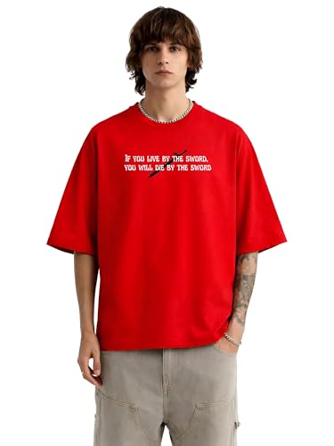 Image of The Sword Anime Graphic Oversized T-Shirt for Men and Women, Red, with Knight on Horseback Back Print and Slogan Front