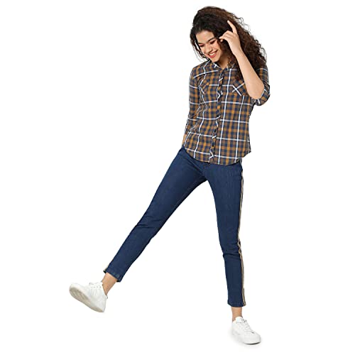 Image of PINACOLADA Women's Navy Blue & Yellow Ochre Tartan Plaid Shirt for Casual Wear | Spread Collar | Long Sleeve | Button Closure | Shirt Crafted with Comfort Fit for Everyday Wear