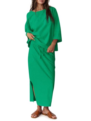 Tankaneo Womens 2 Piece Skirt Sets Oversized 3/4 Sleeve Top