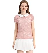 Allegra K Women's Contrast Peter Pan Collar Blouse Short Sleeve Sheer Lace Top