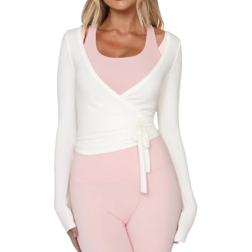 Haut cache-cœur à nouer pour femme - Manches longues - Pour ballet et yoga, blanc, Medium