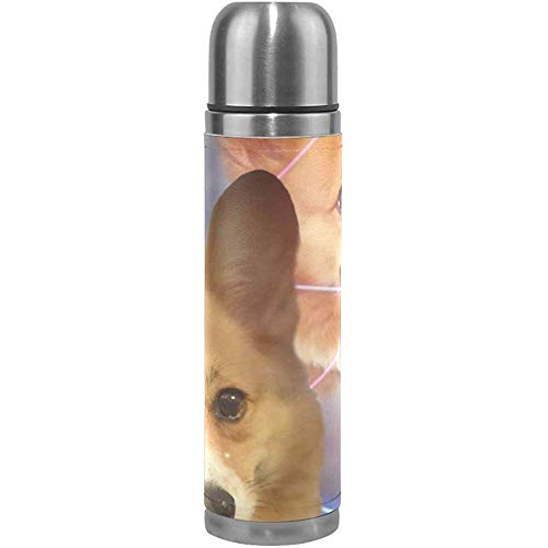 Edelstahl-Wasserflasche mit coolem Corgi-Laserdruck - Isolierflasche, hält Getränke warm und kalt, Lederüberzug