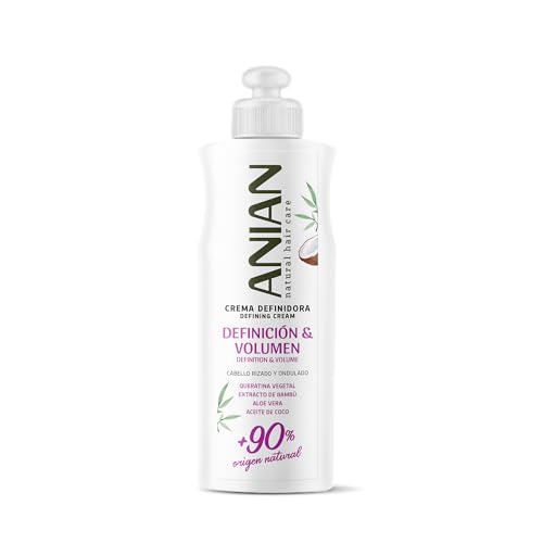 ANIAN - Crema Definidora de Rizos Definición y Volumen, 250 ml, para Cabello Rizado y Ondulado, Moldea y Da Forma a tus Rizos, con Queratina Vegetal, Aloe Vera y Aceite de Coco