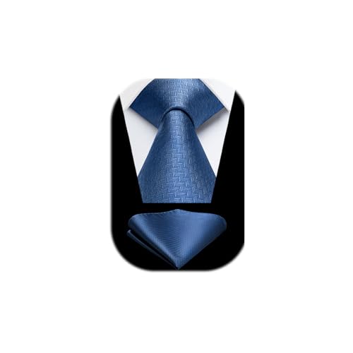 Image of HISDERN Men's Blue Ties Wedding Tie Handkerchief Formal Business Herringbone Necktie & Pocket Square Set