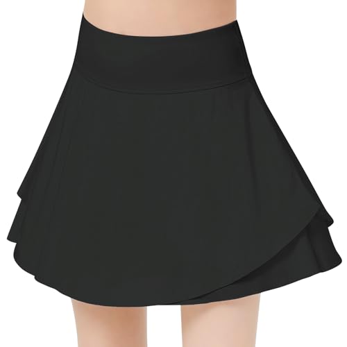 B&GCozy Girls Tennis Skirt, Double Ruffle Golf Running Yoga Workout Skorts with Pockets, Black 8-9 Years2