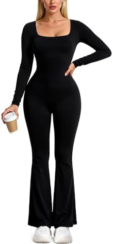 One Piece Workout Jumpsuits for Women Long Sleeve Bodycon Jumpsui...