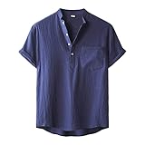 Camisa de algodón y lino para hombre, de manga corta, cuello mandarín, cuello mandarín, camisetas tipo túnica para yoga, azul marino, M