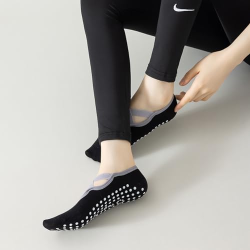 Image of Yoga Socks for Women Non-Slip Grips & Straps, Ideal for Pilates, Pure Barre, Ballet, Dance, Barefoot Workout Black+Pink