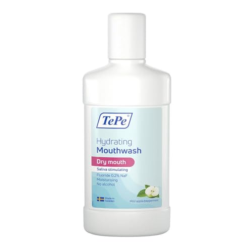 TePe Enjuague bucal hidratante para boca seca, suave sabor a manzana y menta, enjuague bucal con fluoruro que reduce la sensación de sequedad en la boca