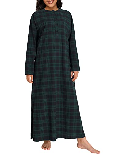 Esenchel Women's Plus Size Long Cotton Flannel Nightgown 3X Green Black