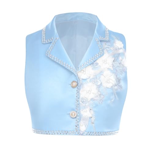 renvena Kids Girls Sparkly Bolero Flower Embroidery Waistcoat Vest Lapel Sleeveless Crop Blazer Jacket
