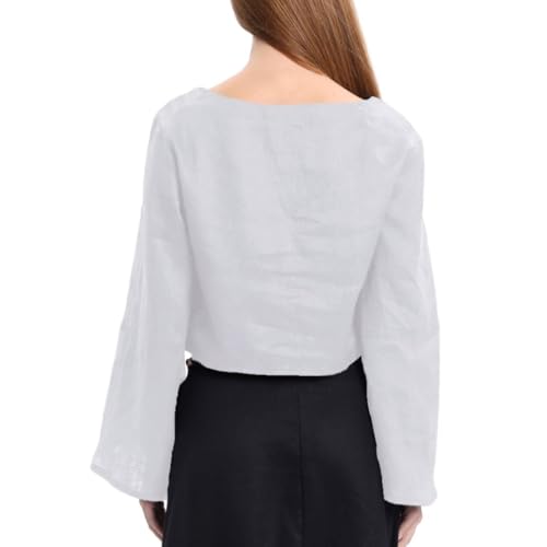 Amazhiyu Women's 100% Linen Long Sleeve Crop Top High Boat Neck Casual Blouse2