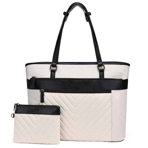 Kasgo Bolso Portátil Mujer, Resistente al Agua Tote Bag Ordenador Laptop 15.6 Pulgadas Grande Bolso Universidad Hombro y Cartera para Trabajo Viaje Escuela Blanco Con Negro