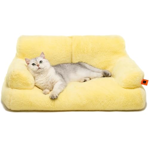 MEWOOFUN groß Katzenbett kleines Hundesofa Flauschig und waschbar Katzensofa Hundebett für Katzen, weich Katzenbett katzencouch mit Rutschfester Unterseite, Gelb 66x48cm