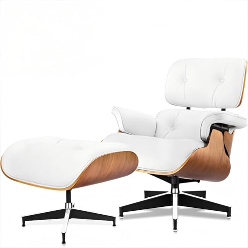 BRMFIKOU Top Grain Leather,Mid Century Chaise Lounge Chair and Ottoman, Leather Accent Chair, Modern Chair, Classic Design, Heavy Duty Base Support for Living Room Lounge Office