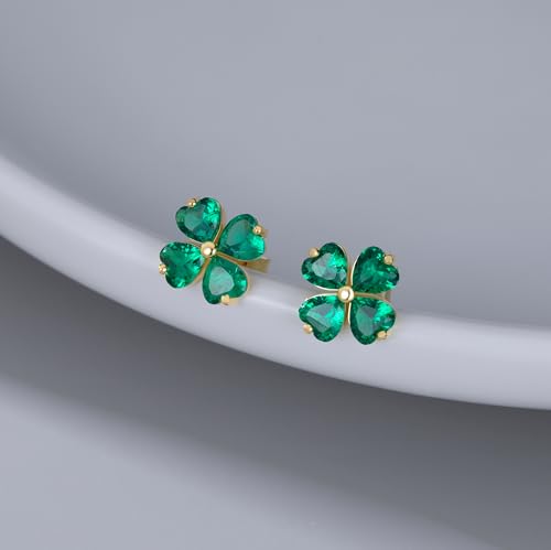 Reffeer Solid 925 Sterling Silver Four Leaves Clover Earrings Studs for Women Teen Girls Heart Cut Green CZ Clover Studs Earrings Leaf3