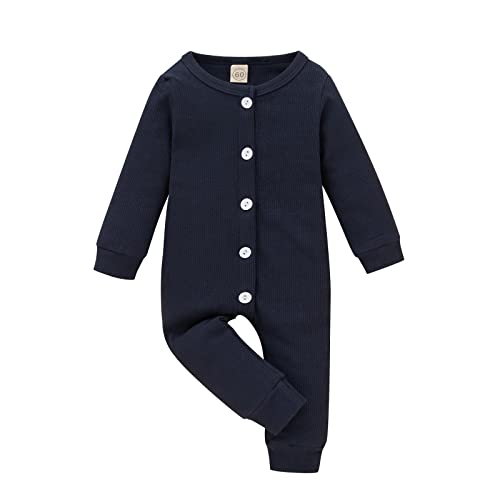 Newborn Baby Girl Boys Long Sleeve Romper Infant Cotton Clothes Toddler Jumpsuit Snap Bodysuit Cute Outfits (Dark Blue Button Rompers, 18-24 Months)