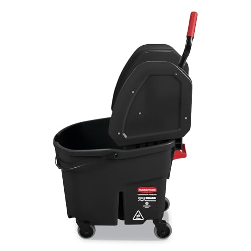 Image of Rubbermaid Commercial Products WaveBrake 35 QT Down-Press Mop Bucket and Wringer Combo on Wheels with Dirty Water Bucket Black for Heavy-Duty Floor Cleaning