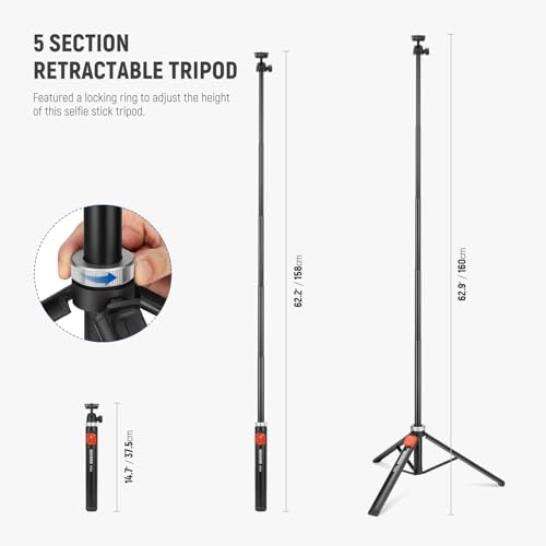 Image of NEEWER Phone Tripod for Camera with Cell Phone Holder & Remote, 62.9 inch All Metal Selfie Stick Travel Vlog Video Recording Portable Stand Compatible with iPhone Canon Sony Nikon, Cleaning Cloth, TS05