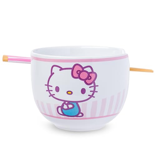 Image of Silver Buffalo Sanrio Hello Kitty Stripes, Ramen Bowl with Chopsticks, 20oz
