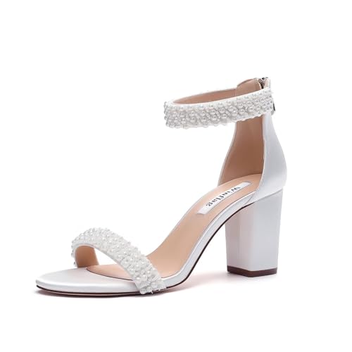 Image of Block Heel Wedding Sandals Pearl Heels Open Toe Wedding Shoes for Bride Bridal Shoes