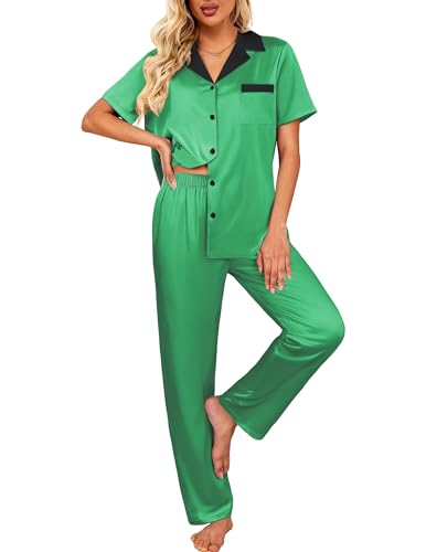 Image of Ekouaer Satin Pajamas Set for Women Silk Button Down Sleepwear Short Sleeve Loungewear 2 Pieces Nightwear