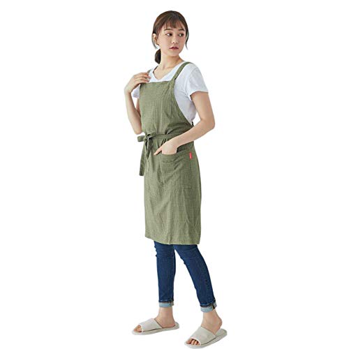 LeerKing Grembiule da Cucina 100% Cotone e Lino Grembiuli da Accogliente Ristorante Giardino Barbecue Scuola caffè con 2 Tasche Grembiuli a Quadretti Incrociati per Donne, Verde