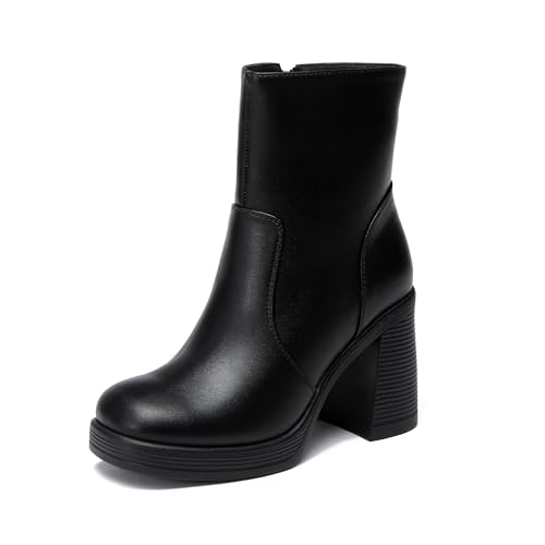Women's Mid Calf Boots with Zipper, Square Toe Ankle Boots with Chunky Block Heel